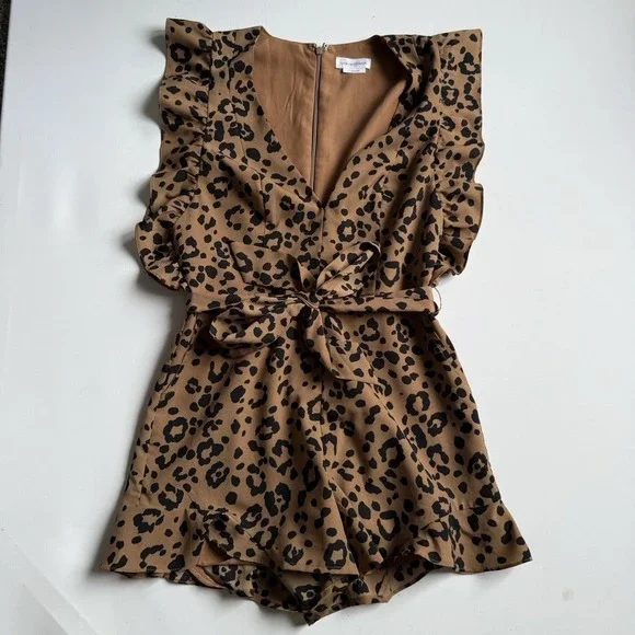 Lovers + Friends Jill Leopard Print Ruffle Romper Women Size Small Girlhoodcore - Picture 4 of 10